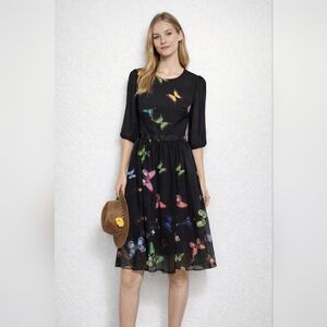 Queen Mulock Size S Black Mini 100% Silk Floral Dress A-line